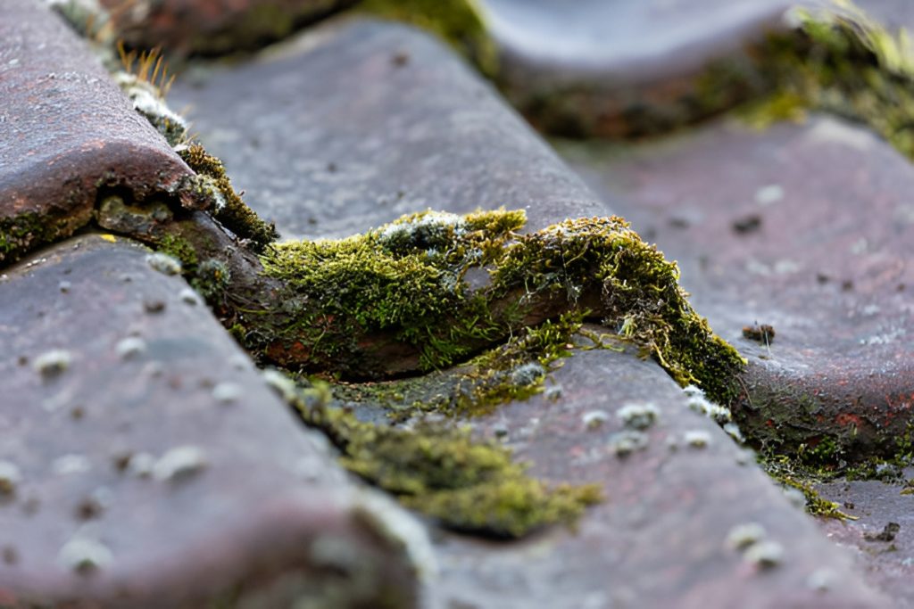 close-up of moss on a roof